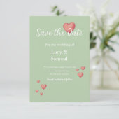 Moderne grijze groene hart save the date kaart (Staand voorkant)
