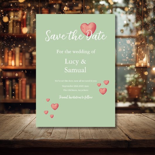 Moderne grijze groene hart save the date kaart