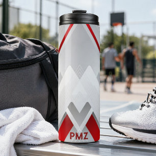 Moderne grijze rode geometrische monogram thermosbeker