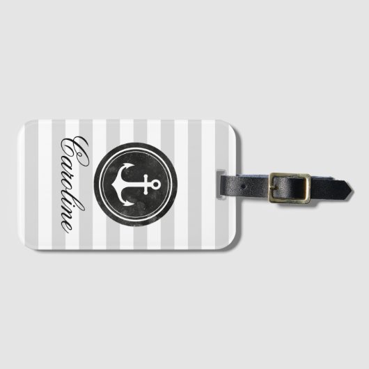 Moderne Grijze Strepen Zwarte Ankernaam Bagagelabel (Voorkant (horizontaal))