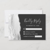 Moderne grijze witte zilveren agaat leisteen trouw RSVP kaartje (Voorkant)