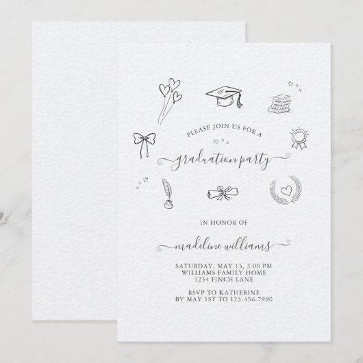 Moderne grillige Doodle Graduation Party Kaart (Voorkant / Achterkant)