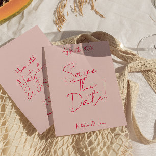 Moderne grillige roze rode kleurrijke retro bruilo save the date
