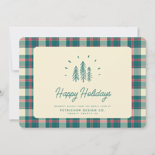 Moderne grillige rustieke bomen retro geruite zake feestdagenkaart (Voorkant)