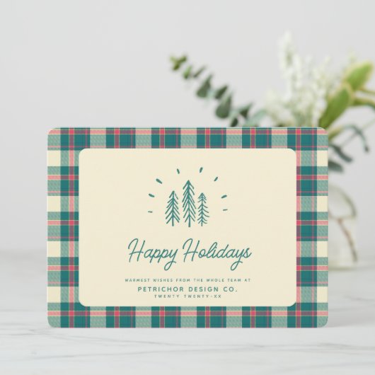 Moderne grillige rustieke bomen retro geruite zake feestdagenkaart (Staand voorkant)