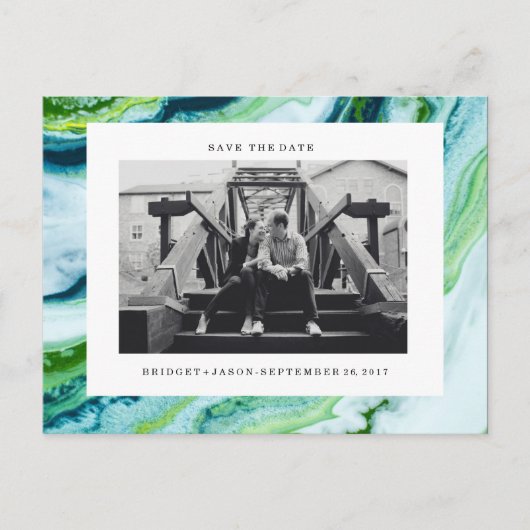 Moderne Groen Blauw marmeren Foto SAVE THE DATE Aankondigingskaart (Voorkant)
