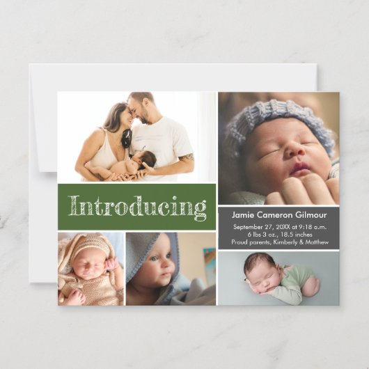 Moderne groene aangepaste foto's introduceren baby magnetische uitnodiging (Voorkant)