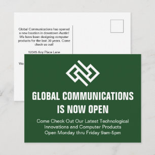 Moderne groene bedrijfsopening advertentie briefkaart