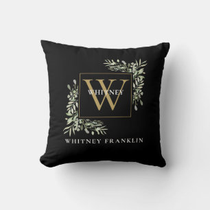Moderne groene bladplant zwart gouden monogram kussen