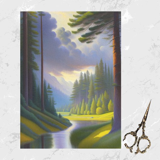 Moderne Groene Bomen Water Wolken Landschap Kunstw Tissuepapier