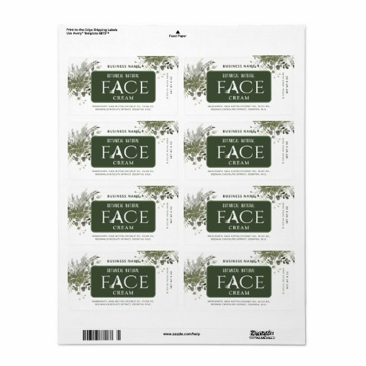 Moderne groene botanische elegant face crème etiket (Full Sheet)