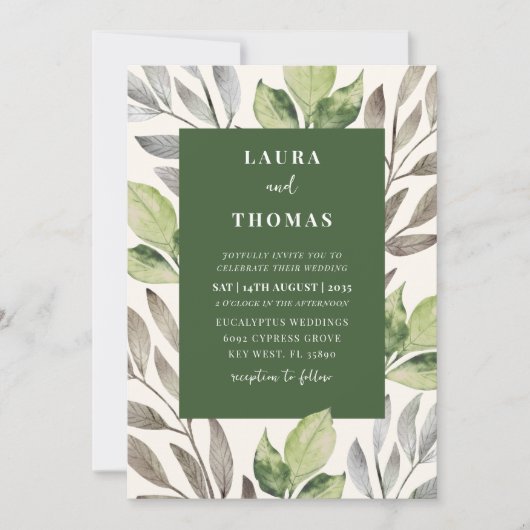 Moderne Groene Botanische Waterverf Bruiloft Kaart (Voorkant)