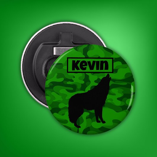 Moderne Groene Camo Zwart Wolf Silhouet Monogram | Button Flesopener