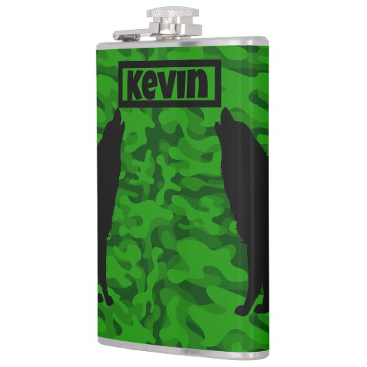 Moderne Groene Camo Zwart Wolf Silhouet Monogram | Heupfles (Links)