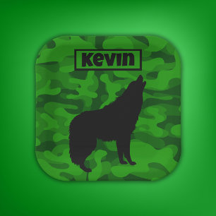 Moderne Groene Camo Zwart Wolf Silhouet Monogram   Papieren Bordje