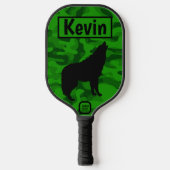 Moderne Groene Camo Zwart Wolf Silhouet Monogram | Pickleball Paddle (Voorkant)