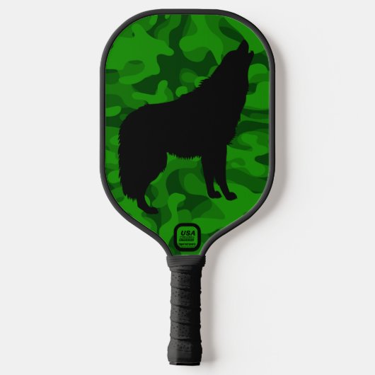 Moderne Groene Camo Zwart Wolf Silhouet Monogram | Pickleball Paddle (Achterkant)