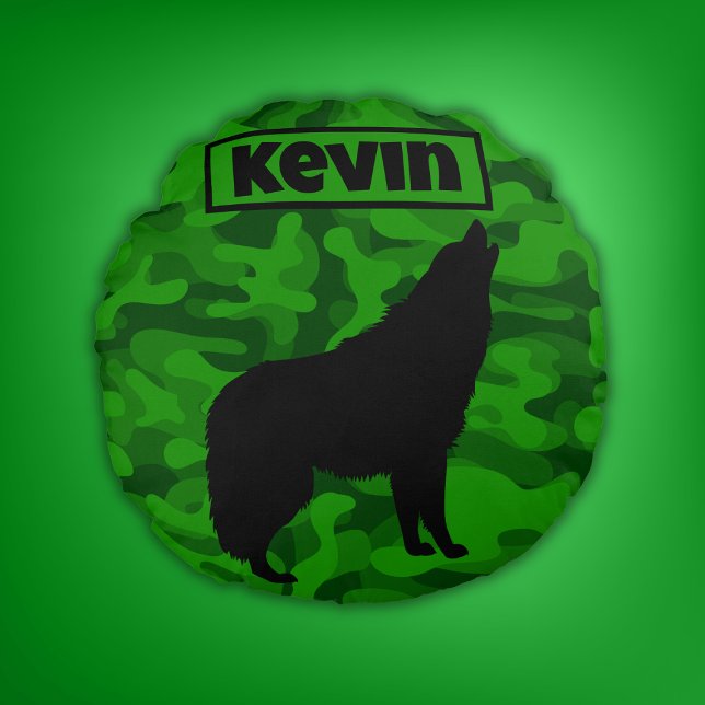 Moderne Groene Camo Zwart Wolf Silhouet Monogram | Rond Kussen (Creator heeft geüpload)