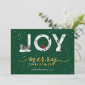 Moderne groene Elegant Gold Script JOY Snow-bedekk Feestdagenkaart (Staand voorkant)