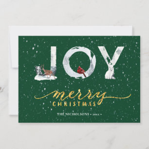 Moderne groene Elegant Gold Script JOY Snow-bedekk Feestdagenkaart