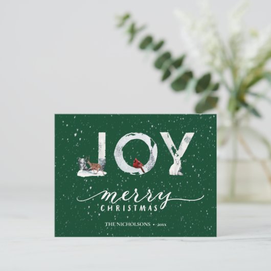 Moderne groene elegant Script JOY White Snow Overl Feestdagenkaart (Staand voorkant)