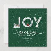 Moderne groene elegant Script JOY White Snow Overl Feestdagenkaart (Voorkant)