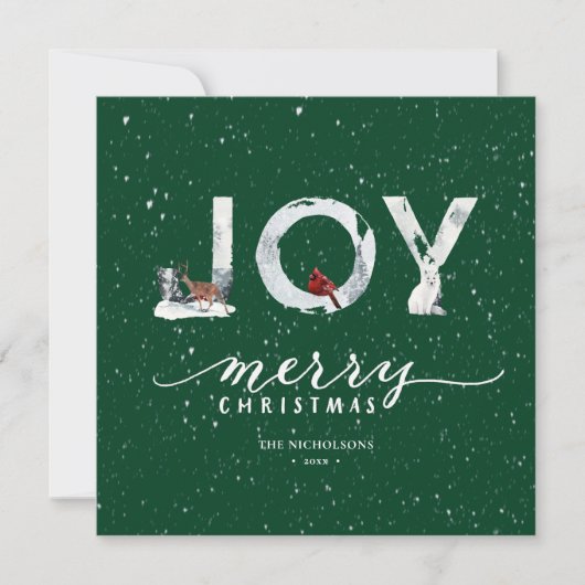 Moderne groene elegant Script JOY White Snow Overl Feestdagenkaart (Voorkant)