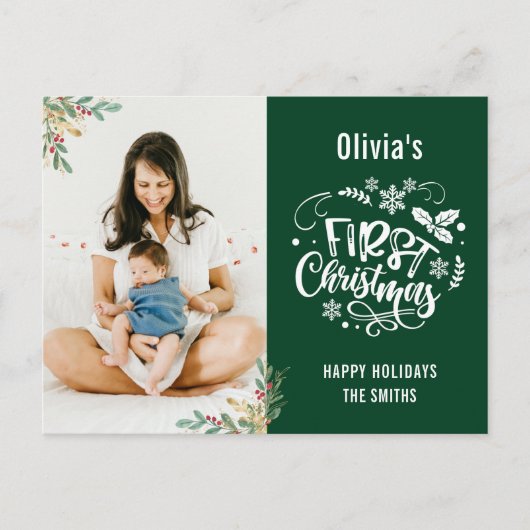 Moderne groene elegante bloemige baby eerste kerst feestdagenkaart (Voorkant)