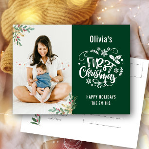 Moderne groene elegante bloemige baby eerste kerst feestdagenkaart