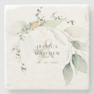 Moderne groene en gouden eucalyptus stenen onderzetter