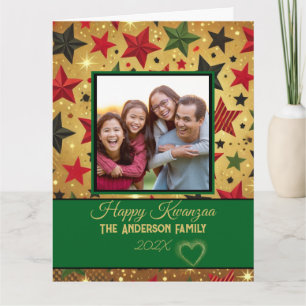 Moderne groene en gouden Patten familie foto Kwanz Kaart