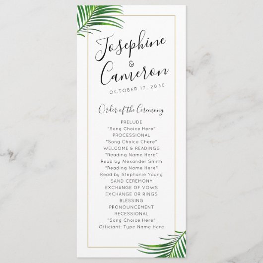 Moderne groene en gouden tropische palmbladrand programma (Voorkant)