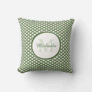 Moderne groene en witte Scallops Monogram en naam Kussen