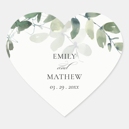 MODERNE GROENE EUCALYPTUS FOLIAGE WATERVERF WEDING HART STICKER (Voorkant)