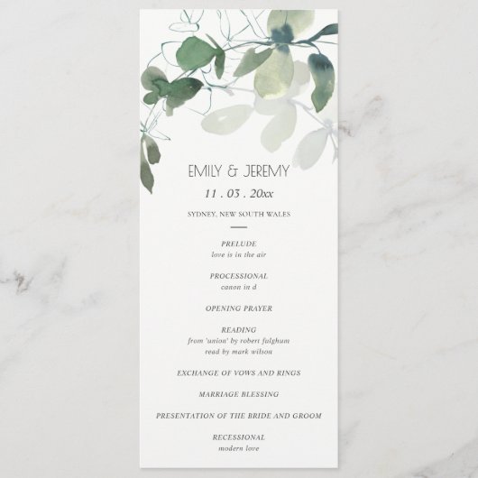 MODERNE GROENE EUCALYPTUS-LOOF WATERVERFPROGRAMMA MENU (Voorkant)