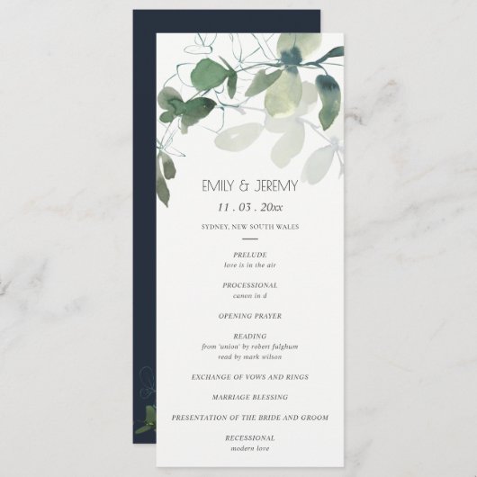 MODERNE GROENE EUCALYPTUS-LOOF WATERVERFPROGRAMMA MENU (Voorkant / Achterkant)