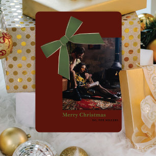 Moderne groene fluwelen strik foto kerstkaart