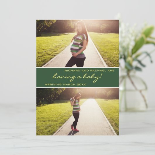 Moderne groene fotocollage zwangerschapsaankondigi aankondiging (Staand voorkant)