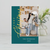 Moderne groene fotokerstgroet met goud folie feestdagenkaart (Staand Voorkant)