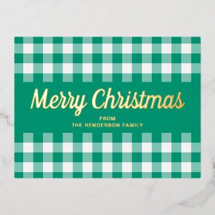Moderne groene geruite vrolijk kerstfeest goud folie feestdagen briefkaart