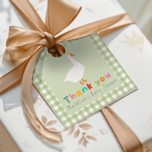 Moderne Groene Gingham Dwaze Gans Baby Shower Bedankjes Labels