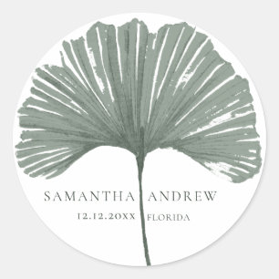 Moderne Groene Ginkgo Monogram Huwelijk Ronde Sticker
