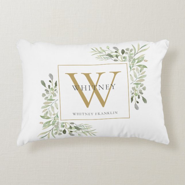 Moderne groene goud initiaal monogram accent kussen (Voorkant)
