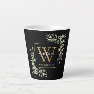 Moderne groene goud monogram elegante zwarte latte mok