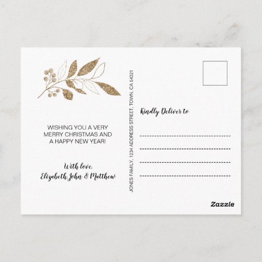 Moderne groene gouden bladeren Foto's met kerstmis Briefkaart (Achterkant)