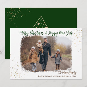 Moderne, groene gouden kerstfoto met handschrift feestdagenkaart