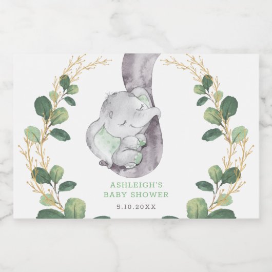 Moderne groene gouden olifant Baby shower Verjaard Sparkling Wijnetiket (Enkel label)
