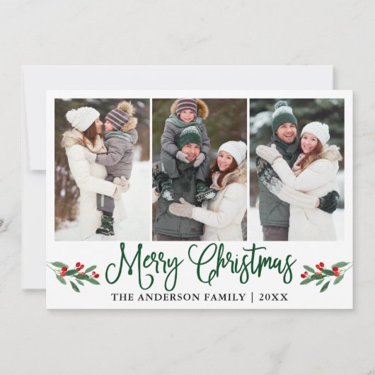 Moderne groene kalligrafie Kerstmis Holly 3 Foto Feestdagenkaart (Voorkant)