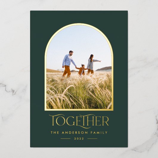 Moderne groene moderne minimale boog foto samen fo folie feestdagenkaart (Voorkant)