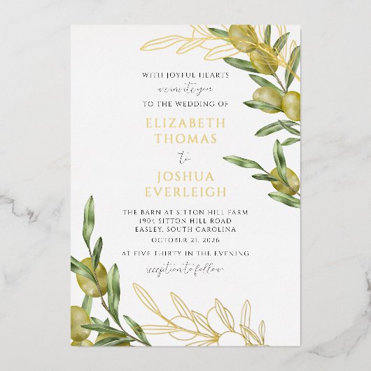 Moderne Groene Olijftak Bruiloft Folie Uitnodiging (Voorkant)